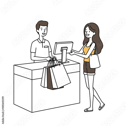 Checkout Shopping Interaction: A vector illustration showcases a retail transaction, with a shopper receiving purchase items at the point of sale.