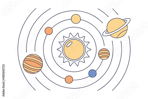 Stylized Solar System Illustration With Sun And Planets Orbiting In Space