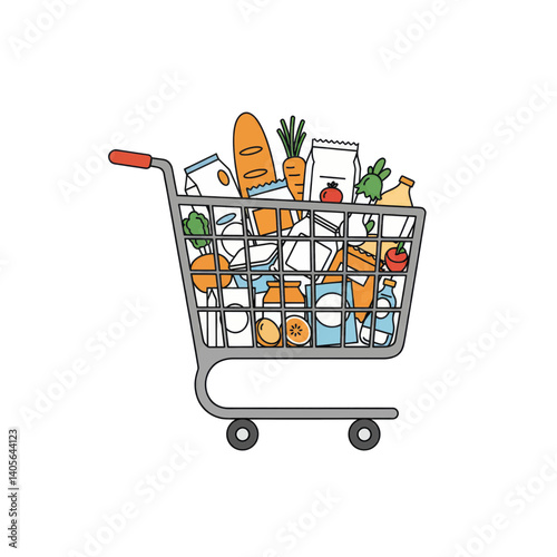 Shopping Cart Overflowing with Groceries: A vibrant shopping cart brimming with a variety of fresh and packaged groceries, ready for use.