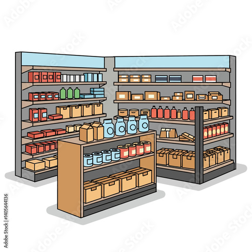 Shop Shelves Showcase: A well-stocked shop interior, showcasing shelves filled with various products, illustrating retail variety and shopping choices.