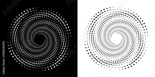 Modern abstract background. Halftone dots in circle form. Sun concept. Vector dotted frame. Design element or icon. Black shape on a white background and the same white shape on the black side.