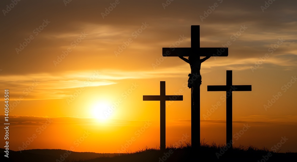 A powerful and emotional representation of the crucifixion of Jesus Christ. Three crosses silhouetted against a glowing sunset sky, symbolizing faith, sacrifice, and redemption. Perfect for Easter cam A powerful and emotional representation of the crucifixion of Jesus Christ. Three crosses silhouetted against a glowing sunset sky, symbolizing faith, sacrifice, and redemption. Perfect for Easter cam
