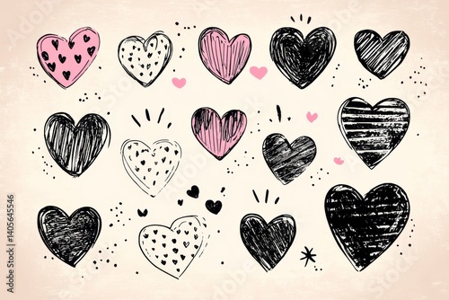Hand-drawn heart collection in various styles.  Diverse designs of hearts with different textures.  Doodle-style hearts in black and pink