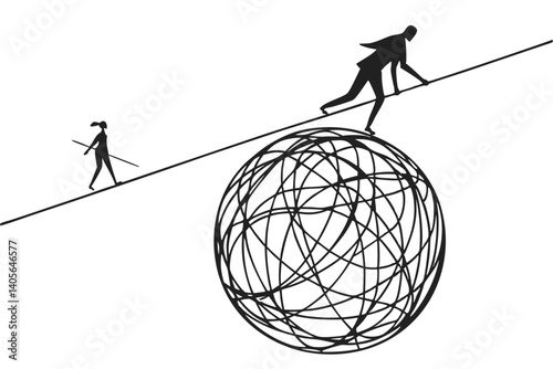 105 tightrope walkers, chaotic tangled ball, black and white illustration, minimalist style, concept art, balance, chaos vs order, metaphorical image, silhouettes, wire mesh sphere, tension, contrast,