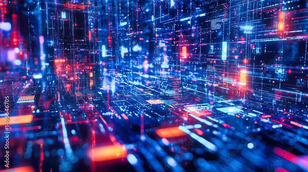 Obraz premium Abstract digital network with blue and red neon lights in futuristic cyberspace. Virtual technology grid with glowing connections forming data matrix. Electronic circuit visualization with nodes