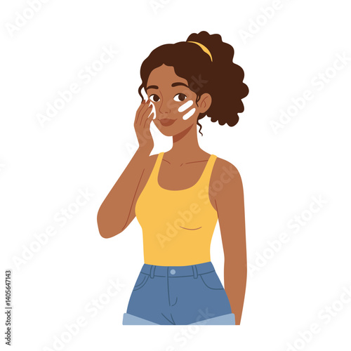 Sunscreen Ritual: A young woman applies sunscreen, promoting skincare and sun protection.