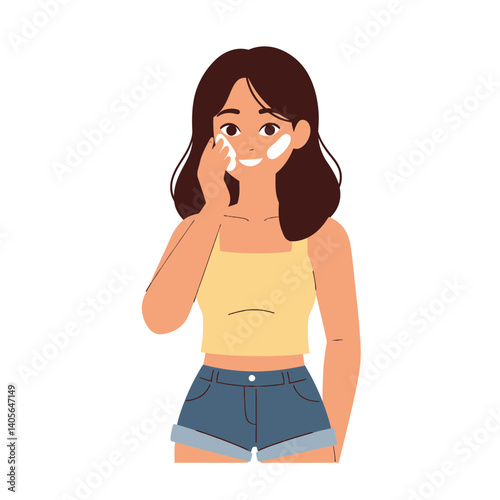 Radiant skin application: Young woman gently applies sunscreen to her face, ensuring protection against the sun's rays. A visual celebration of skincare and healthy habits.