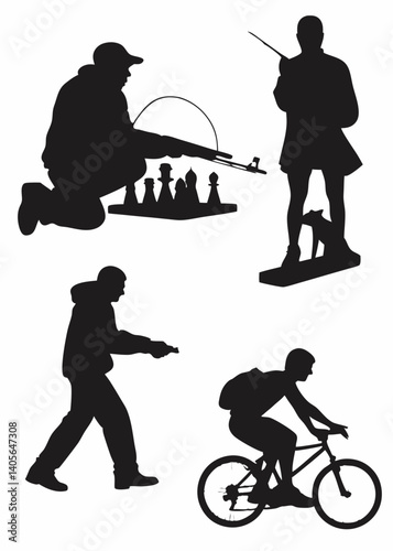 Man outdoor hobby activity set vector silhouette isolated. Archer boy and hunter man with rifle. Fisherman. Friends play chess game in park. Paintball action. Male riding bicycle. Urban dog running