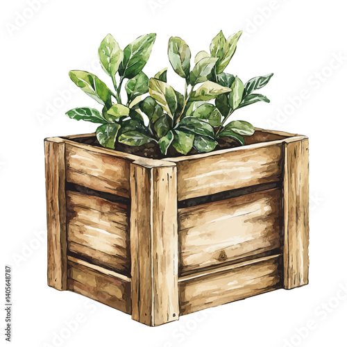 illustration of Wooden Crate Converted Into A Planter, watercolor vector, isolated on a white background.