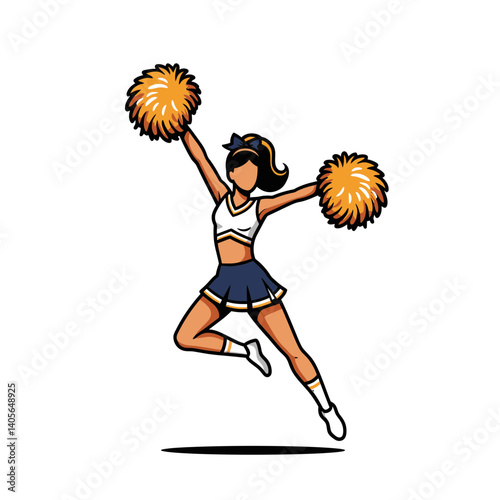 Cheerleader Jump:  A cheerleader jumps in mid-air, holding two pom poms. She is wearing a blue and white uniform. Her jump and expression are full of energy and excitement.