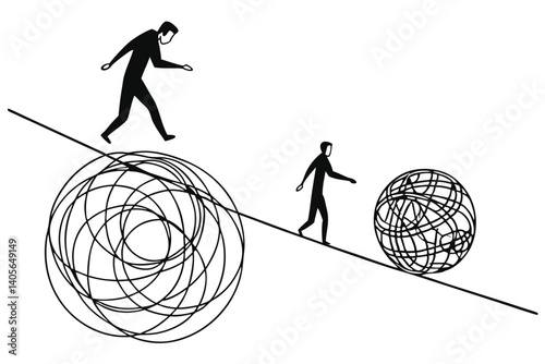 105 tightrope walkers, chaotic tangled ball, black and white illustration, minimalist style, concept art, balance, chaos vs order, metaphorical image, silhouettes, wire mesh sphere, tension, contrast,