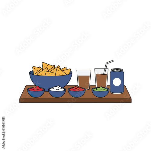 Nachos Snack Platter: An illustration featuring a  plate loaded with nachos, salsa, sour cream and guacamole. Delicious snacks for any gathering, perfect for game day.