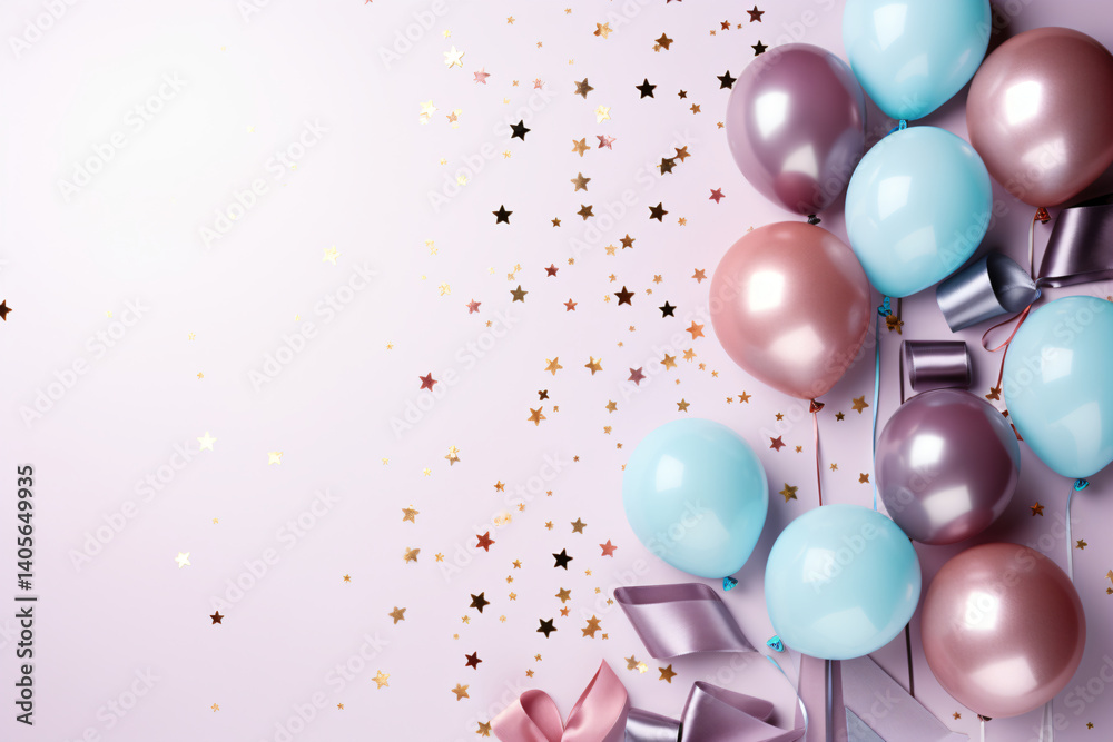 Clean Party Decorations Flatlay: Confetti, Ribbons, and Balloons with Copy Space Clean Party Decorations Flatlay: Confetti, Ribbons, and Balloons with Copy Space