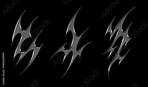 3d chrome metal of y2k tribal sigilism tatto pack. Flame shape in liquid mercury. 3d illustration of abstract neo tribal cyber sigil metallic melted modern burn form, design element. 3D Illustration
