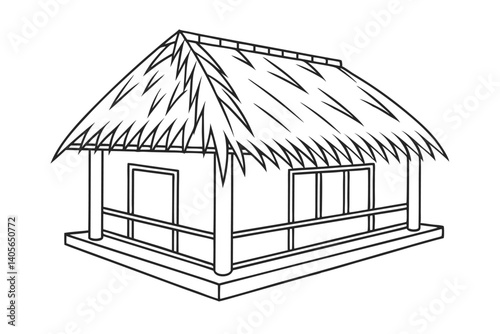 Simple Line Drawing Of Traditional Thatched Hut On White Background Illustration