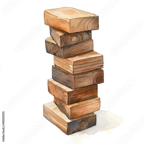 Wooden Block Tower Stacked High, vector watercolor illustration, isolated on a white background.