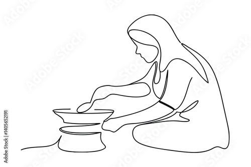 Continuous Line Drawing Of Female Potter Shaping Clay Art On Wheel