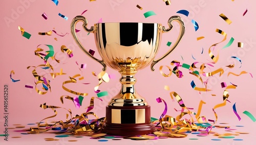 Stunning golden trophy surrounded by colorful confetti on a bright pink background with space for inspirational copy