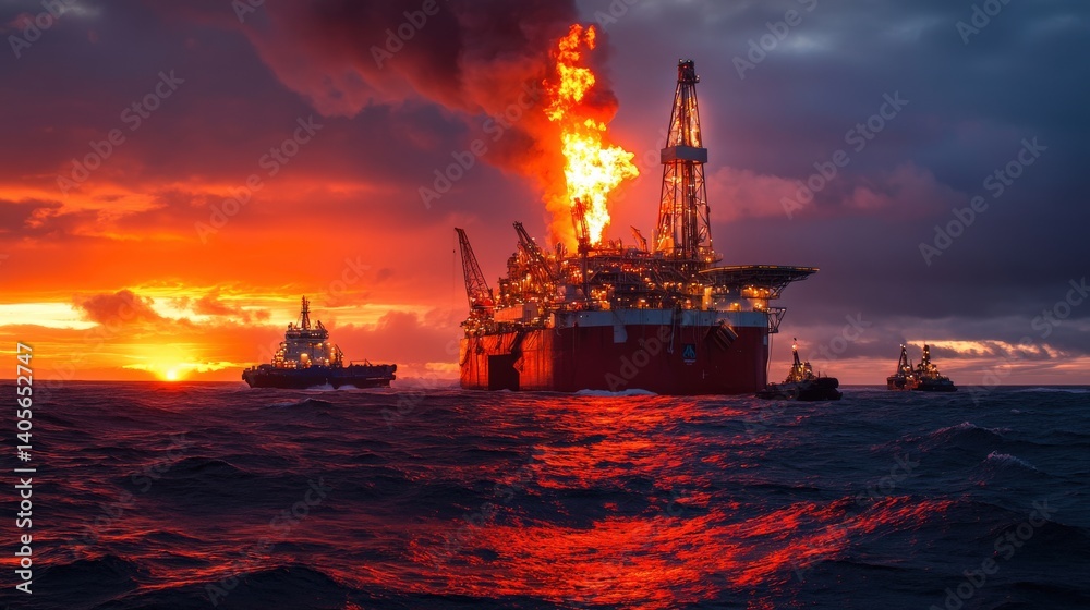 An industrial offshore supply ship delivering equipment to a massive oil drilling platform under a sunset sky, with copy space