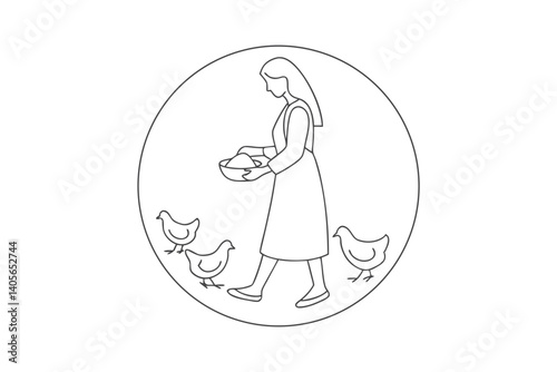 Line Art Illustration Of Woman Feeding Chickens On Farm Minimalist Design
