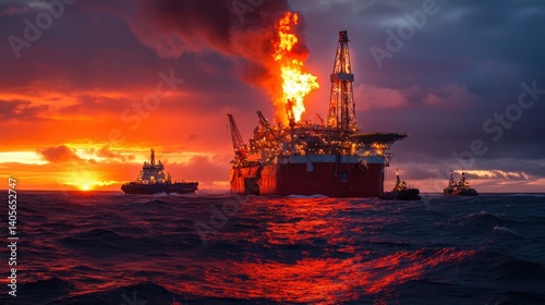 Obraz na płótnie An industrial offshore supply ship delivering equipment to a massive oil drilling platform under a sunset sky, with copy space w salonie