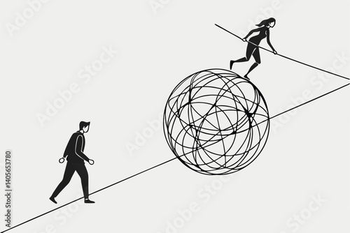 105 tightrope walkers, chaotic tangled ball, black and white illustration, minimalist style, concept art, balance, chaos vs order, metaphorical image, silhouettes, wire mesh sphere, tension, contrast,