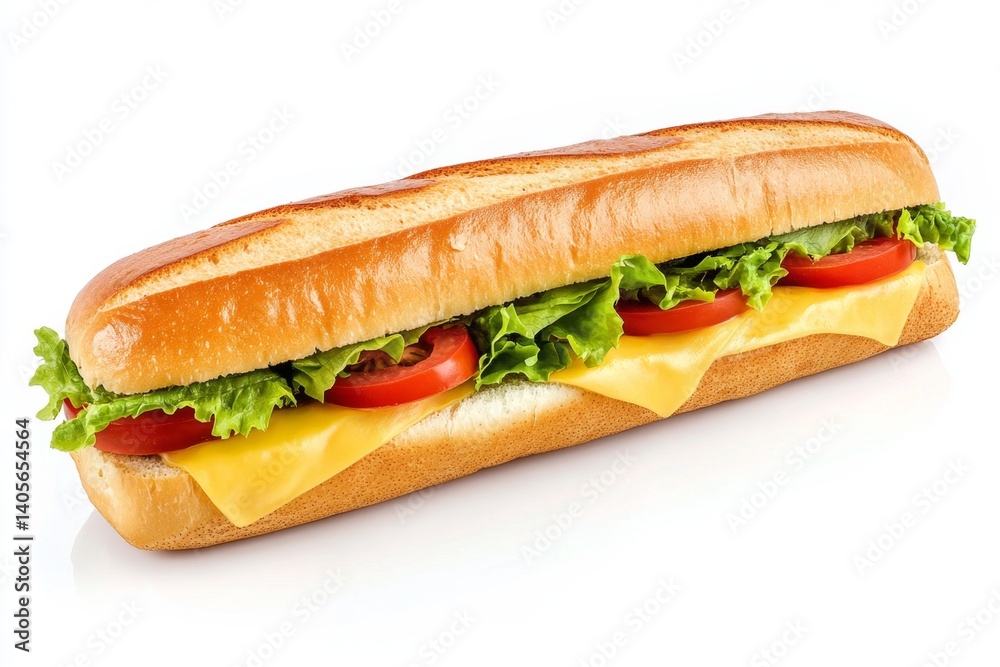 Long sandwich with cheese, lettuce, and tomato