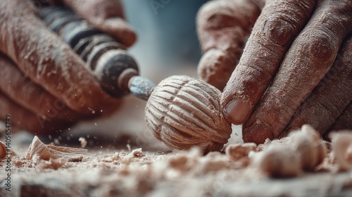 Close-up of hands shaping a piece of wood with a chisel - shaping hobby precision wood photo