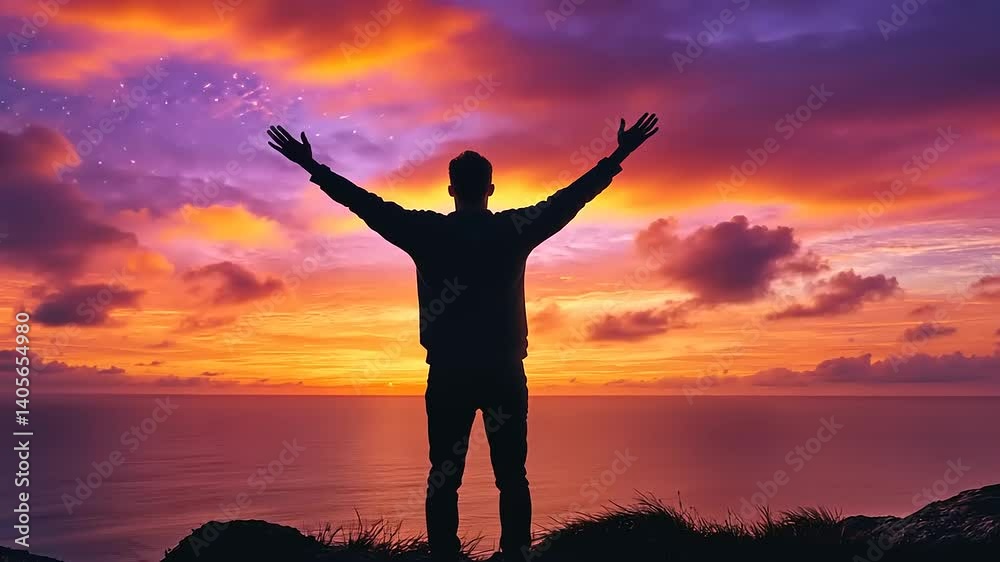 Silhouette of a person with arms raised against a vibrant sunset over the ocean Silhouette of a person with arms raised against a vibrant sunset over the ocean