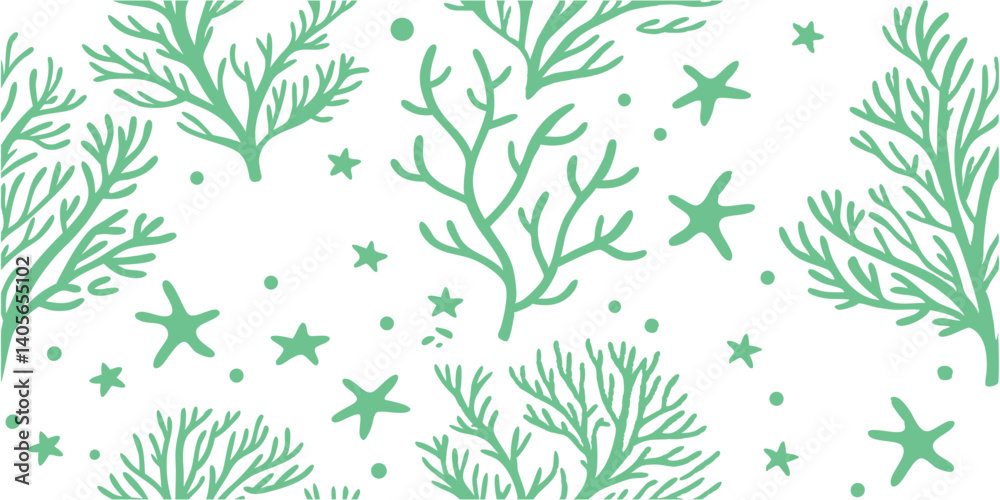 Hand Drawn Coral and Starfish Seamless Pattern in Green on White Background. coral, starfish, ocean, seamless, marine, underwater, sea, nature, tropical, pattern