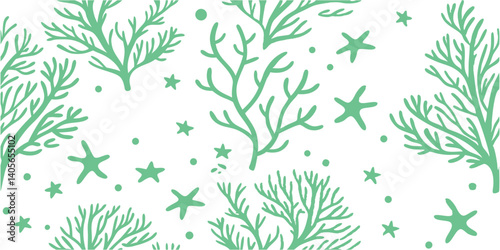 Obraz na płótnie Hand Drawn Coral and Starfish Seamless Pattern in Green on White Background. coral, starfish, ocean, seamless, marine, underwater, sea, nature, tropical, pattern w salonie