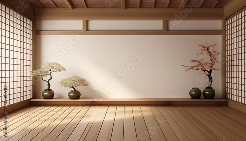scene empty modern japanese empty room white wall on wooden floor interior design