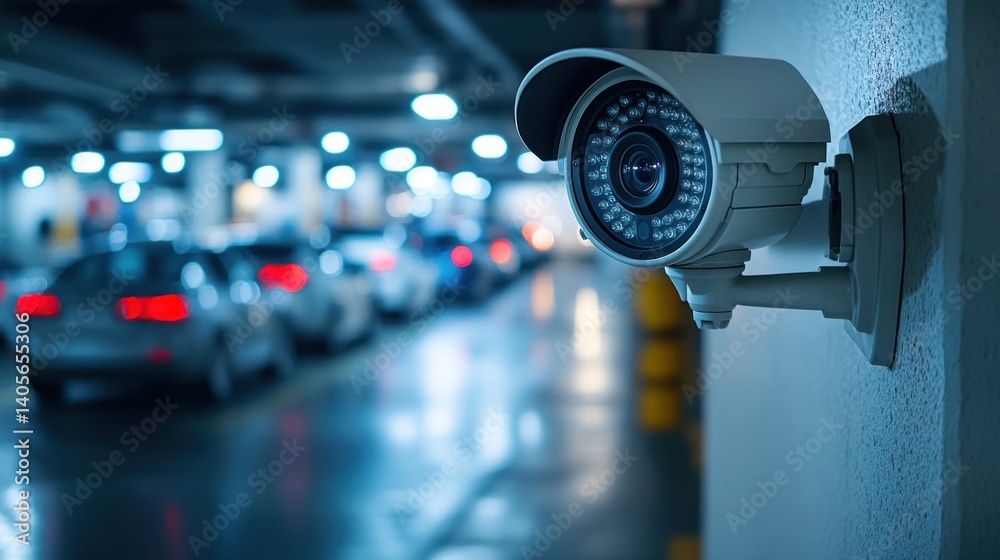 Outdoor CCTV camera captures activity in a dimly lit parking area, providing security with high-resolution surveillance technology Outdoor CCTV camera captures activity in a dimly lit parking area, providing security with high-resolution surveillance technology