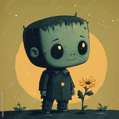 Cute Frankenstein Character Holding a Flower – Soft and Adorable Style