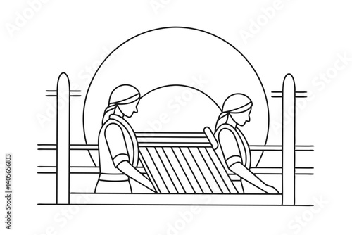 Women Weaving Traditional Textile On Loom Minimalist Black And White Outline Illustration