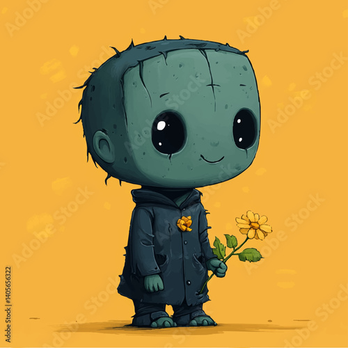 Cute Frankenstein Character Holding a Flower – Soft and Adorable Style