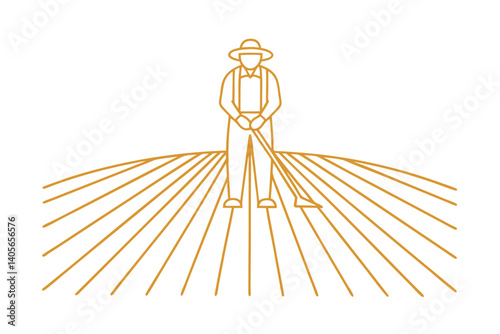 Minimalist Illustration Of A Traditional Farmer Raking Hay Field With A Golden Outline