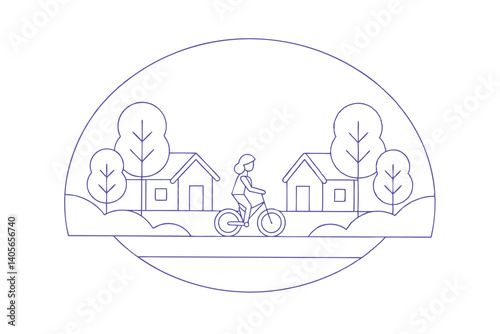 Outline Illustration Of A Woman Cycling In A Suburban Neighborhood With Houses