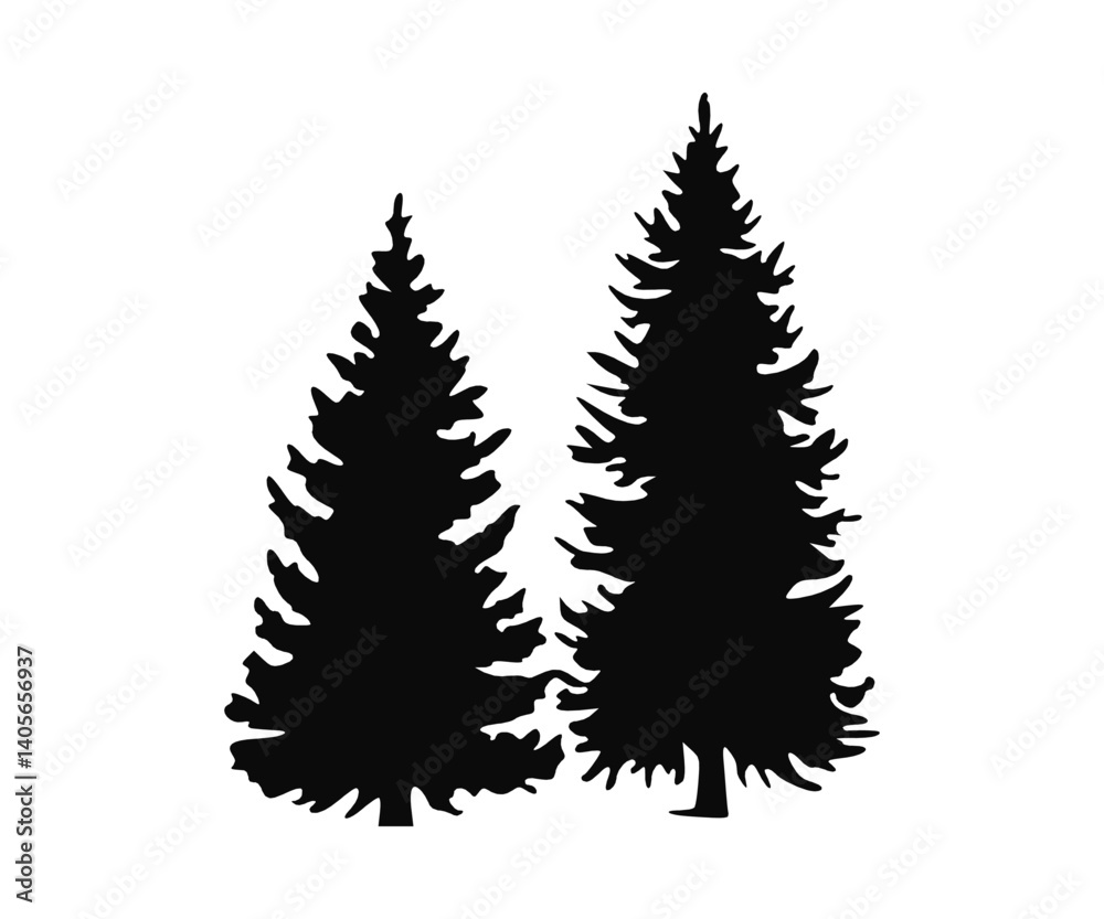 Obraz premium ir tree silhouette collection. Patterns depicting horizontal views of coniferous or spruce forests, illustrated with black pine woods. Beautifully hand-drawn panoramas of coniferous areas.
