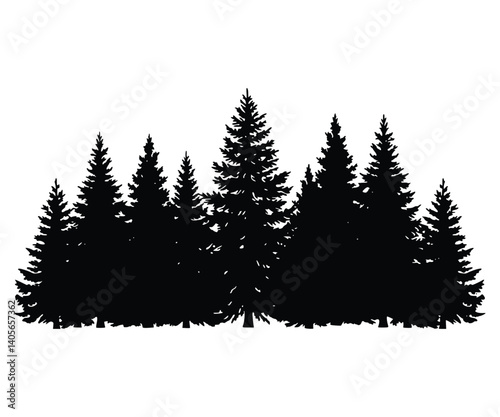 ir tree silhouette collection. Patterns depicting horizontal views of coniferous or spruce forests, illustrated with black pine woods. Beautifully hand-drawn panoramas of coniferous areas.