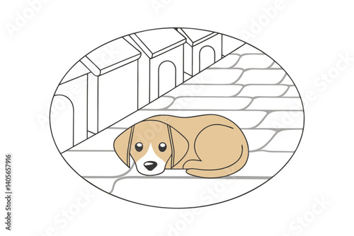 Cartoon Dog Resting In Urban Setting With Stone Houses And Paved Street