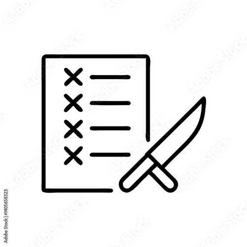 A checklist being decisively crossed out with a sharp knife, symbolizing the finality of a completed task or a bold decision, in a simple black line art style.