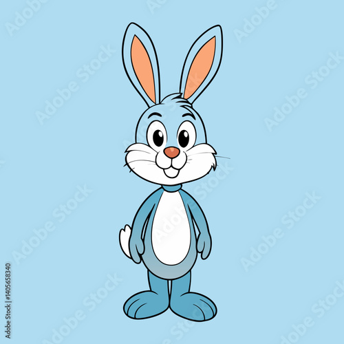 A cheerful blue bunny rabbit standing proudly, a charming cartoon character against a pale blue background.