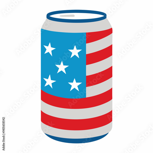 A patriotic aluminum can proudly displaying the American flag, perfect for celebratory drinks this Fourth of July, with simple flat design.