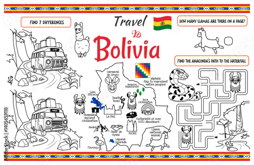 A fun placemat for kids. Printable “Travel to Bolivia” activity sheet with a labyrinth and find the differences. 17x11 inch printable vector file
