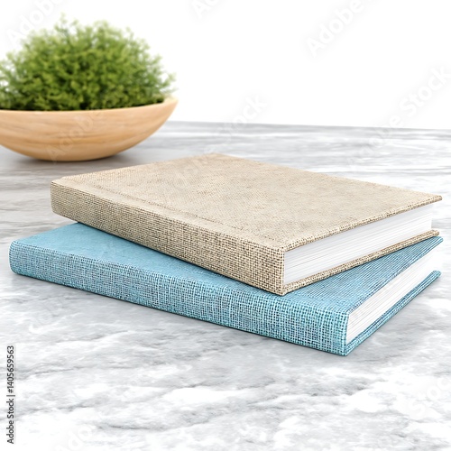 Stacked Books on Marble Surface with Plant of excellence in splendor beyond compare with grace
