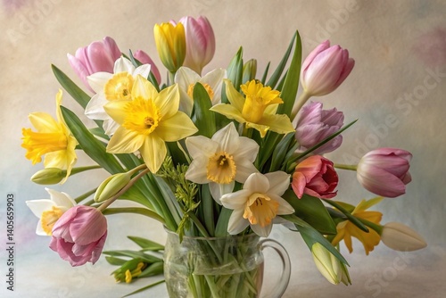 Wallpaper Mural Closeup bunch of fresh Easter flowers and basket with colored eggs Torontodigital.ca