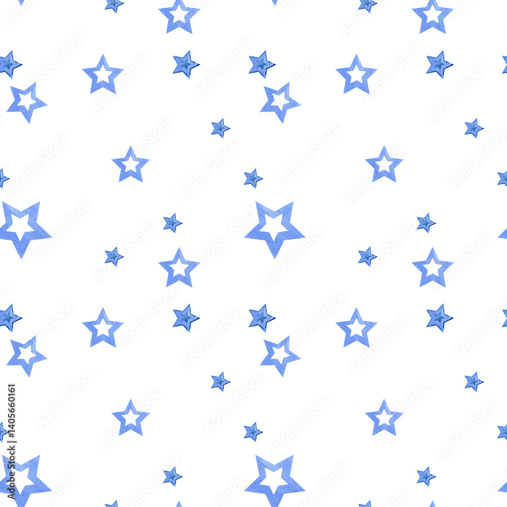 watercolor blue different stars, seamless pattern, various gradient textured decorative element stars shape, hand drawn illustration for party, birthday, event, textile, fabric decoration