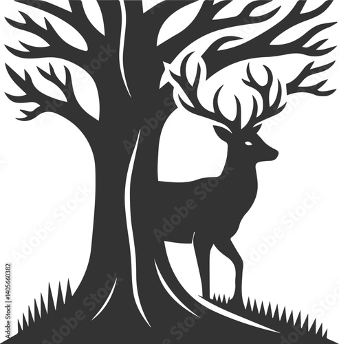 Deer with forest tree vector silhouette