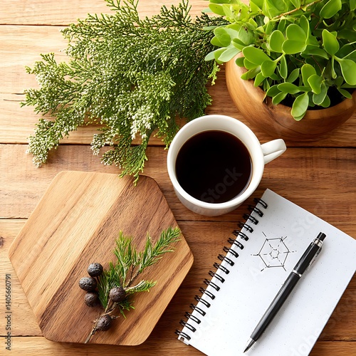 Obraz na płótnie Tranquil Workspace Coffee, Plants, and Notes of excellence in splendor beyond compare with grace. w salonie